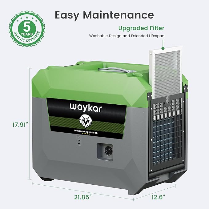 Waykar 150 Pints Commercial Dehumidifier with Pump & Drain Hose, 7,500 Sq. Ft LGR Industrial Dehumidifier for Basements, Job Site, Water Damage Restoration — Stackable & Durable, 5-Yr Coverage