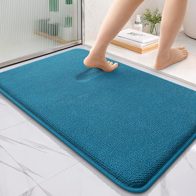 OLANLY Memory Foam Bathroom Rugs 36x24, Absorbent Bath Mat, Peacock Blue | Soft Quick Dry Bath Rugs Mats, Non-Slip, Machine Washable Carpet for Bathroom Floor, Tub and Shower, Home Decor Accessories