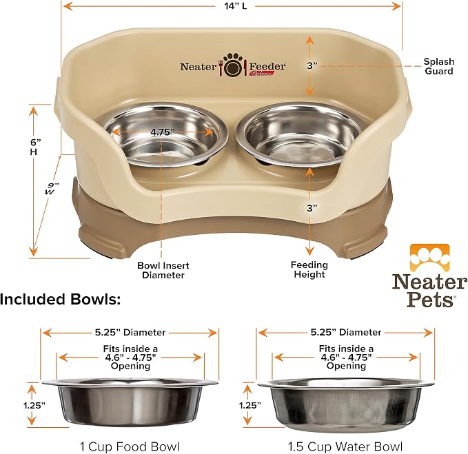 Neater Pet Brands Neater Feeder Deluxe Mess Proof Cat Bowls Elevated, Made in USA, No Spill Raised Bowls for Indoor Cats, Stainless Steel Food and Water Bowl Set, Pet Dish Feeding Station, Cappuccino