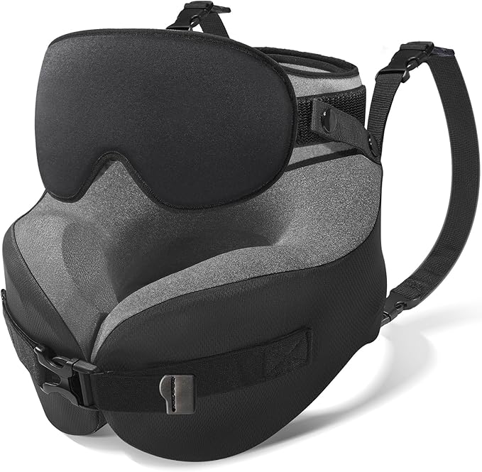 YFONG Travel Pillow for Long Flight Airplane, Head Strap Combo with 3D Contoured Sleep Eye Mask, Neck Pillow for Travel Essential, 360° Support Memory Foam Headrest, Prevent Bobbing, Drawstrap - Black