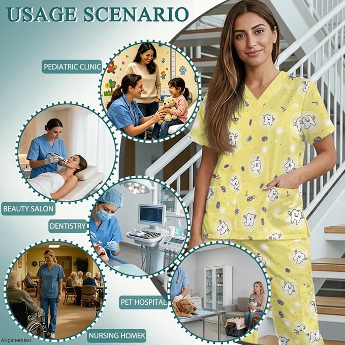Gomyblomy Women's Scrubs Suit 3-Piece Set | Teeth Print V-Neck Top & Pants & Cap, Breathable and Stretch Fabric, S-5XL