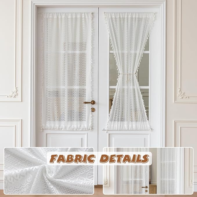 Sutuo Home White French Door Curtains 72 Inches Long for Front Door Glass & Sidelights, Cream Semi Sheer Bohemian Tassels Vintage Privacy Drapes Window Household Decoration, Rod Pocket 2 Panels 25" W