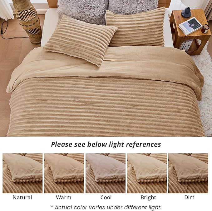 Sasttie California King Comforter Set 3 Pieces - Super Soft Fleece Comforters Cal King Size, 1 Luxury Warm Fuzzy Marshmallow Cali King Comforter with 2 Pillow Cases, Faux Fur Bedding Set, Brown