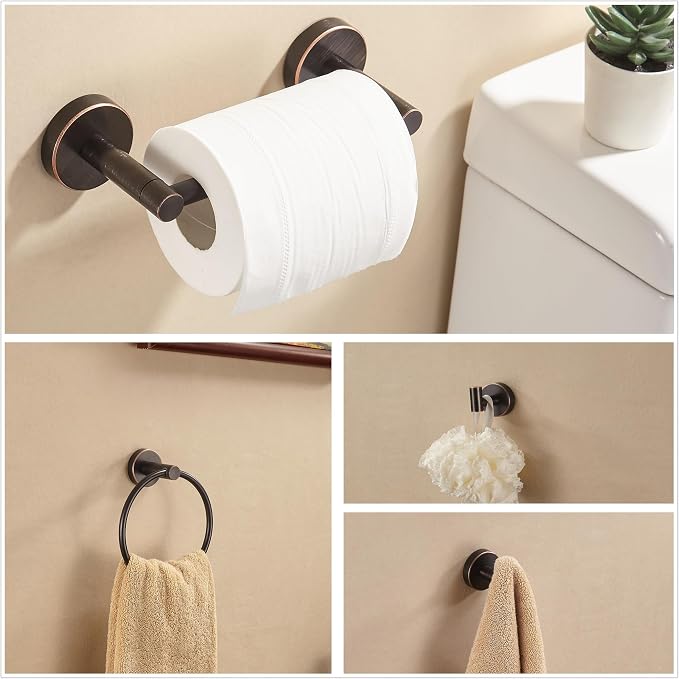 Bronze Bathroom Hardware Set, Oil Rubbed Bronze Toilet Paper Holder Towel Ring 2 Robe Hooks Wall Mount Hand Towel Holder Bath Accessories Stainless Steel, 4 Pieces