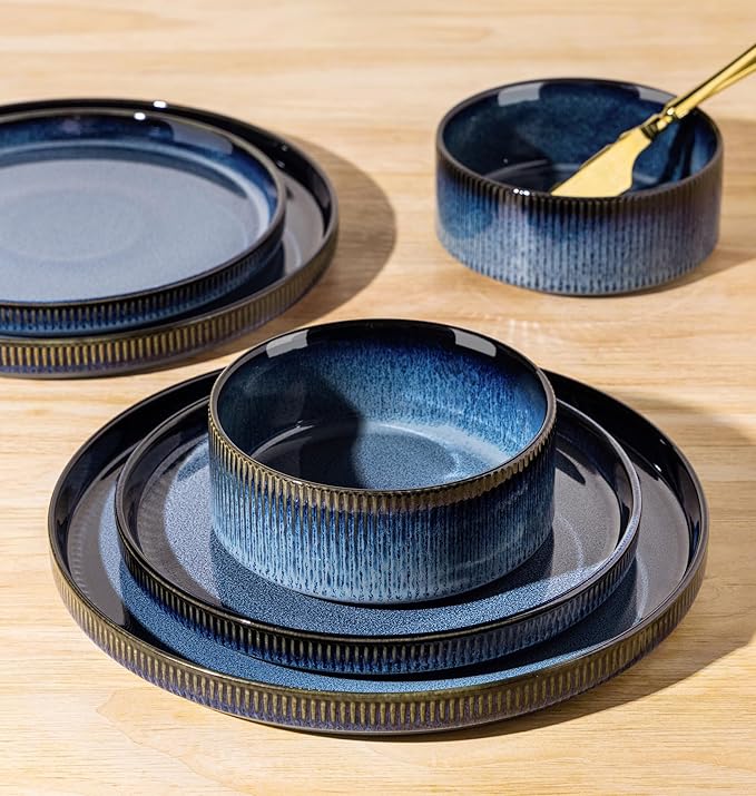 TheTerra Ceramic Dinnerware Sets for 8, 24 Pieces Porcelain Lightweight Plates and Bowls Sets, Scratch Resistant Dish Set, Oven & Microwave & Dishwasher Safe, Starry Blue