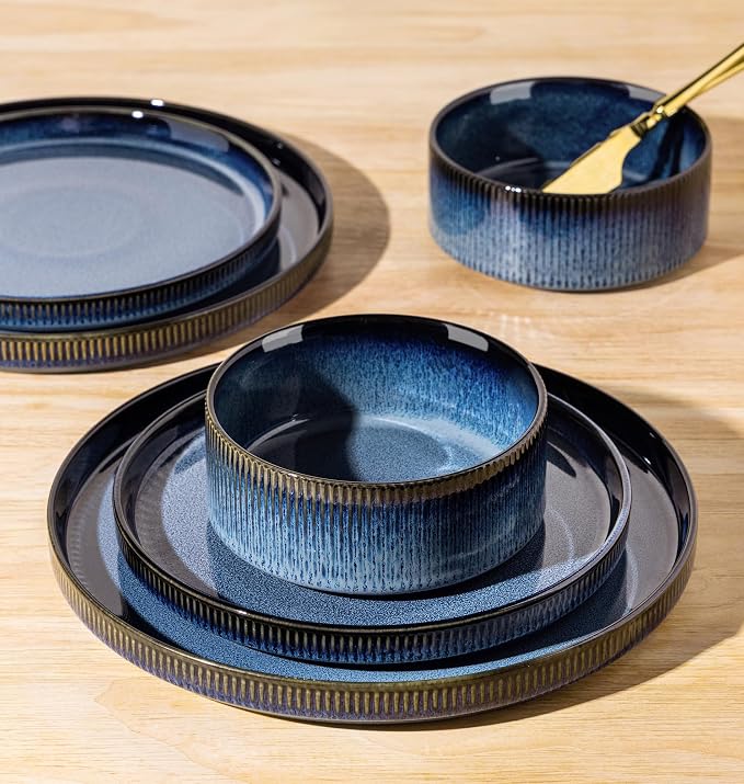 TheTerra Ceramic Dinnerware Sets for 6, 18 Pieces Porcelain Lightweight Plates and Bowls Sets, Scratch Resistant Dish Set, Oven & Microwave & Dishwasher Safe, Starry Blue