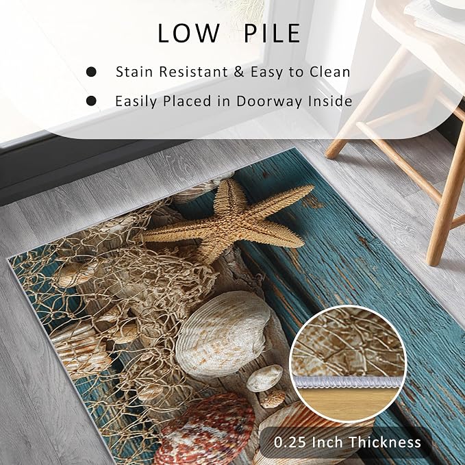 3x6 Seashell Theme Runner Rug for Hallway, Washable Coastal Wood Grain Rug Runner Non Slip, Seashell Fishing Net Home Decor Carpet for Kitchen, Bedroom, Entryway, Laundry Room, Ultra Thin Soft