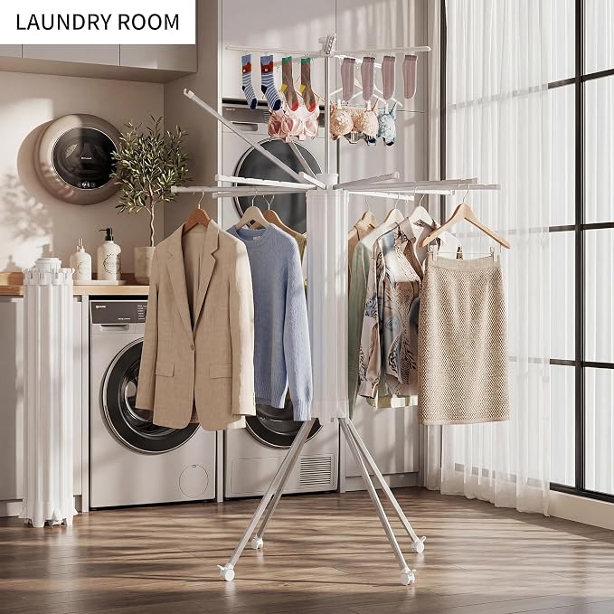 RFOUO Clothes Drying Rack Aluminum-4 Legs 16rods Double Layer, Portable Foldable Drying Rack,Space Saving Laundry Drying Rack,Drying Rack Clothing for Laundry Bedroom Household