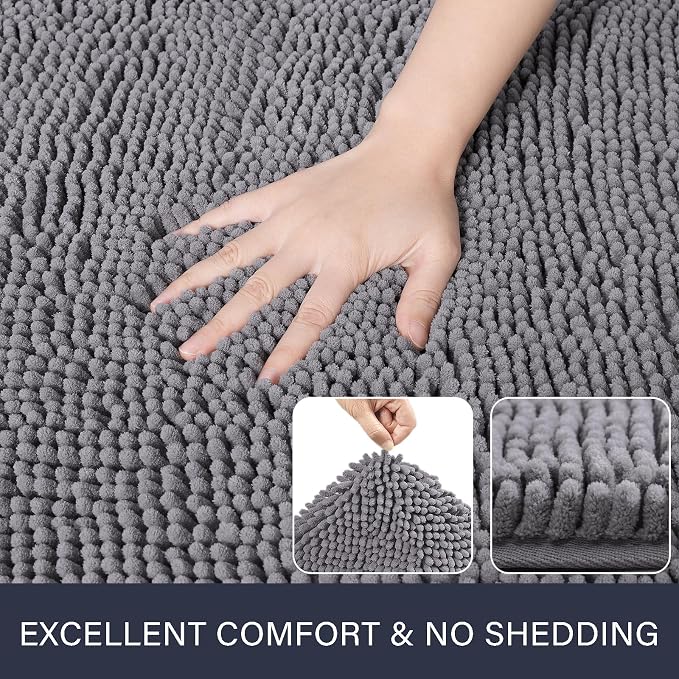 LOCHAS Luxury Bathroom Rug Shaggy Bath Mat 20 x 30 Inch, Gray | Washable Non Slip Bath Rugs for Bathroom Shower, Soft Plush Chenille Absorbent Carpets