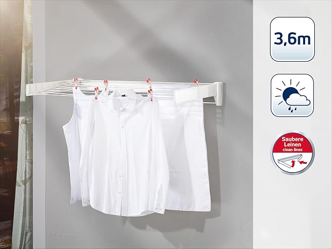 Leifheit Wall Dryer Telegant 36 Protect Plus, Space Saving Wall Mounted Clothes Drying Rack with 3.6 m Drying Length, Hidden Folding Design, 5 Rustproof Rails and 60 cm Aluminum Towel Bar
