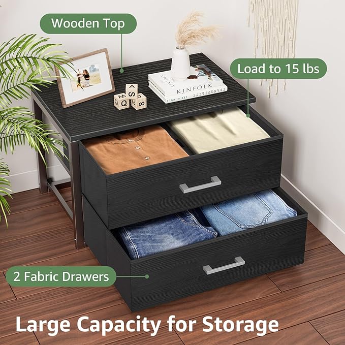 BOLUO Stackable Storage Drawers Closet Organizers and Storage Fabric 2 Drawer Dresser for Bedroom Set of 2 Black Modern