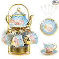 ALIMOTA 20 Pcs Porcelain Tea Set with Metal Holder and Spoon, European Ceramic Tea Set for Adults, European Flower Painting Teapot Cup Saucer Spoon Set for 6, Gift Pack (Blue)