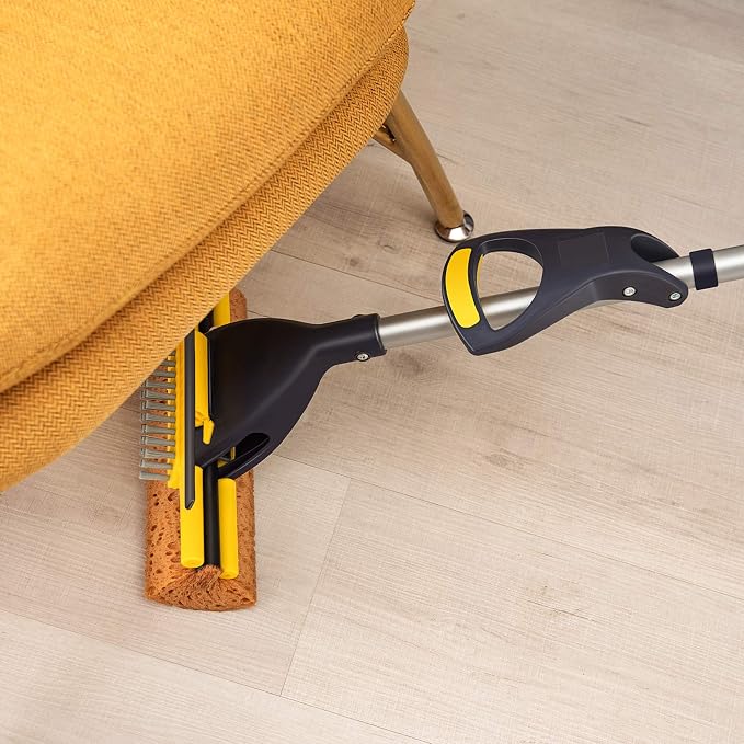 Yocada Collapsible Plastic Bucket Mop Bucket and Sponge Mop Kit Home Commercial Tile Floor Bathroom Garage Cleaning with Total 2 Sponge Heads Telescopic 42.5-52 Inches Easily Dry Wringing Yellow