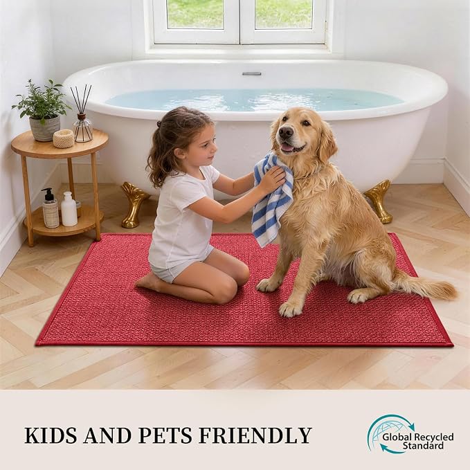 YIHOUSE Red Bathroom Rugs Sets 2 Piece, Quick Dry Thin Bath Mat with Toilet Rug, Non Slip Absorbent Machine Washable, Bath Rugs for Tub Sink Home Decor (17"x24" + 17.5"x24" U-Shaped)
