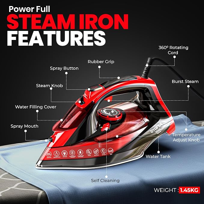 Utopia Home Steam Clothes Iron - 1800W (Black Red) Non-Stick Soleplate | Nonstick Soleplate With Auto-Off Safety Feature - Adjustable Thermostat Control, Variable Steam Control, Self-Clean, 8ft Cord