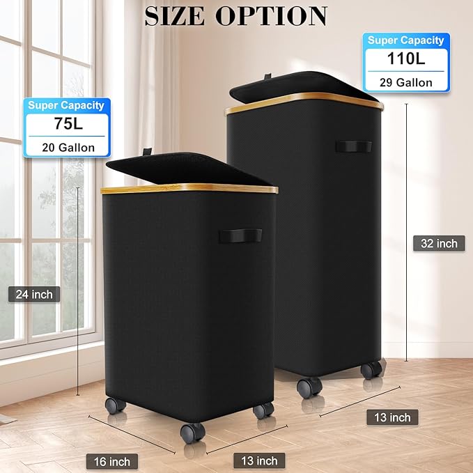 Laundry Hamper with Wheels,29 Gal (110L) Laundry Basket with lid Rolling Clothes Hamper Foldable Dirty Clothes Basket on wheels with Bamboo Frame and Bag for Bedroom, Dorm, Laundry Room-Black