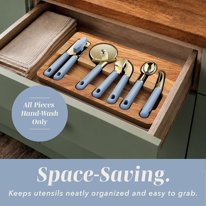 COOK WITH COLOR 6-Piece Kitchen Tool Set with Acacia Wood Cutting Board, Can Opener, Pizza Cutter & Prep Essentials, Blue