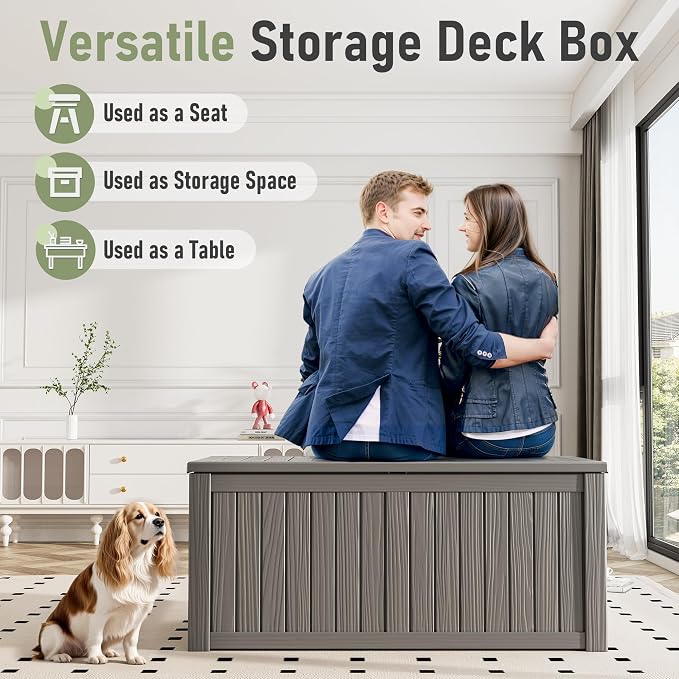 Outdoor Storage Box, 150 Gallon Large Outdoor Resin Deck Box, Storage Waterproof Boxes Lockable Lid for Garden Tools, Pool Supplies, Patio Furniture and Cushions, Grey