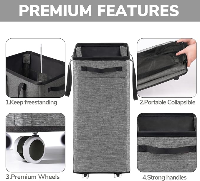 Goodpick 75L Rolling Laundry Basket, Large Laundry Hamper with Handles and Removable Wash Bag, Space Saving for Laundry Room, Light Grey
