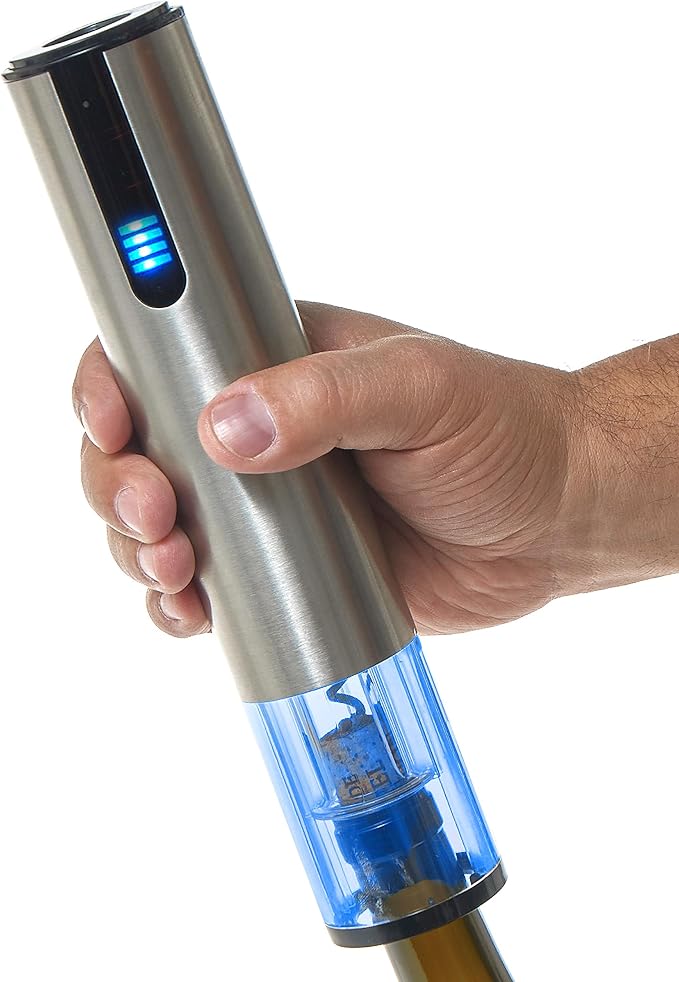 Wine Enthusiast 2-in-1 Electric Blue Automatic Wine Bottle Opener and Preserver Set – Fully Electric Corkscrew with Charging Station – Seal Bottle with Vacuum Stopper (7 Piece Set)