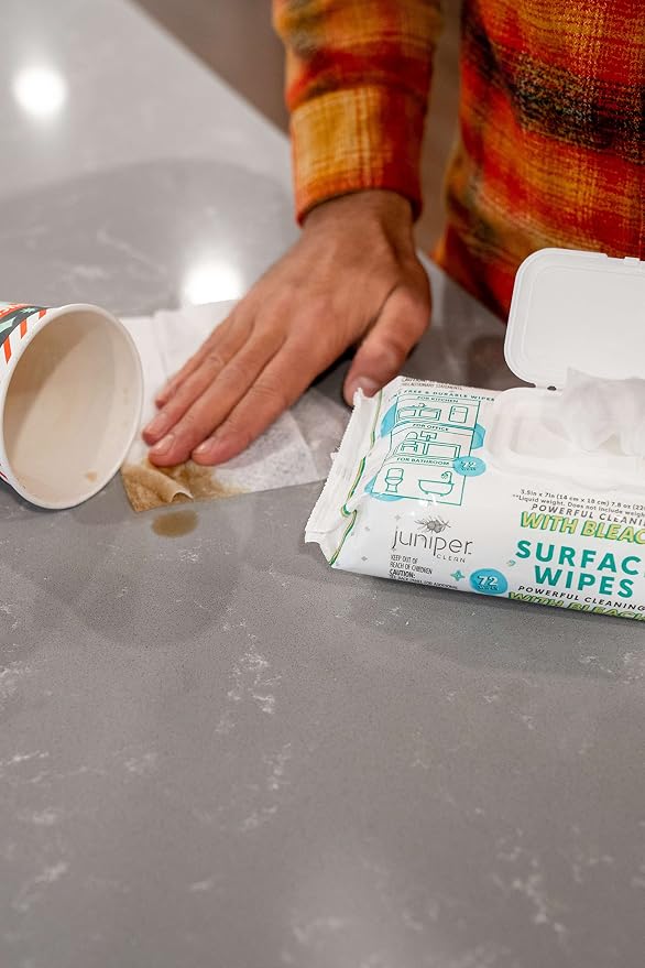 Juniper CLEAN 1 Pack Surface Wipes with Bleach, All-Purpose Cleaner for Bathroom, Kitchen, Office, 72 Count Soft Flow, Fresh Scent, Lint Free & Durable