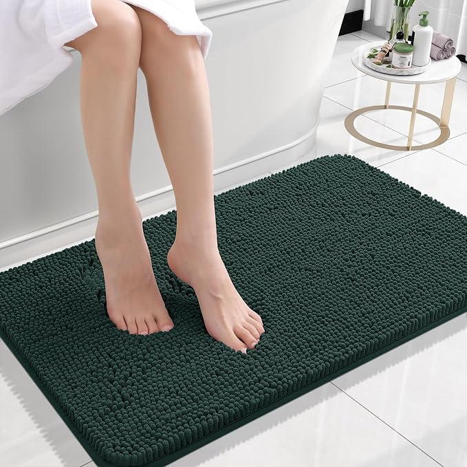OLANLY Small Bathroom Rugs 24x16, Soft Absorbent Chenille Bath Rugs, Rubber Backing Quick Dry, Machine Washable Bath Mats for Bathroom Floor, Tub and Shower, Home Decor Accessories, Blackish Green