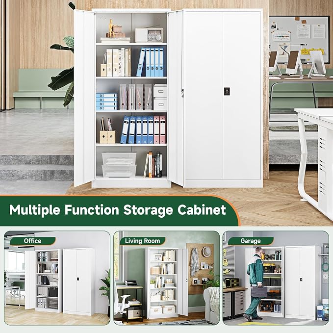 Metal Garage Storage Cabinets with Lock Door and Adjustable Shelves, Steel Tool Cabinets for Home,Office,Warehouse Organisieren (White, 71" H)