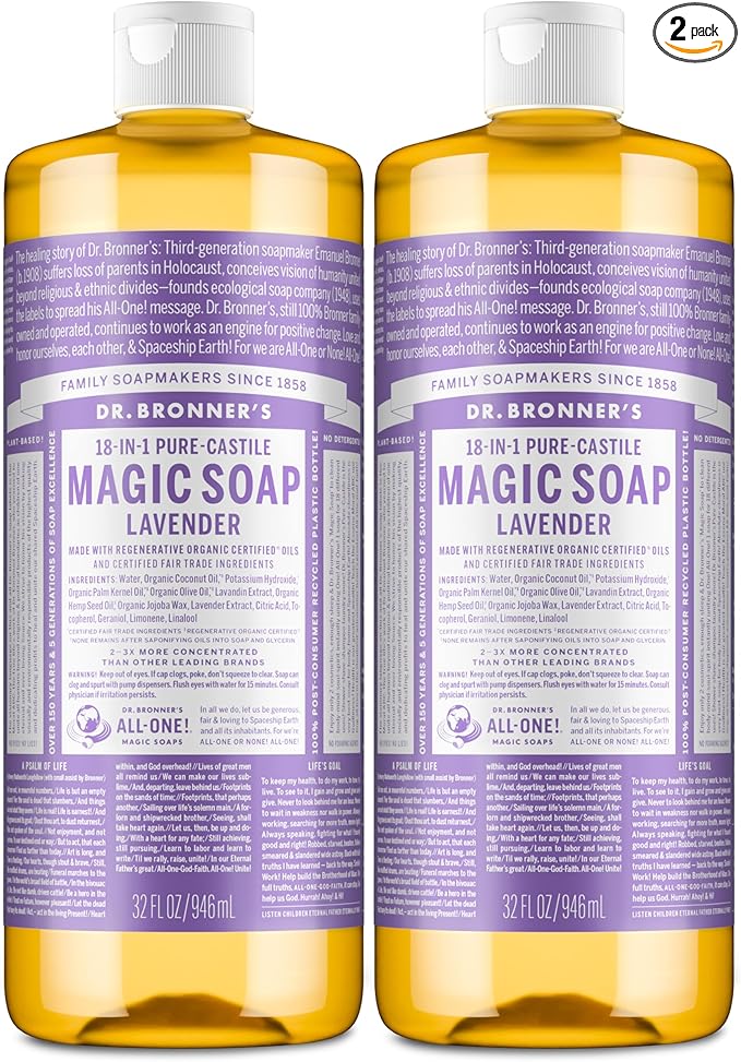 Dr. Bronner's Magic Soap - Pure-Castile Liquid Soap (Lavender, 32 ounce, 2-Pack) -Regenerative Organic Certified Oils, 18-in-1 Uses: Body, Hair, Laundry, Pets & Dishes, Concentrated, Vegan, Non-GMO