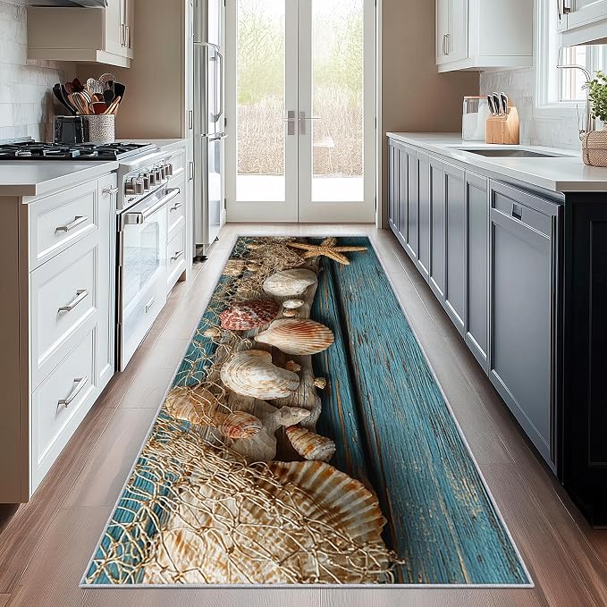 2.6x10 Seashell Theme Runner Rug for Hallway, Washable Coastal Wood Grain Rug Runner Non Slip, Fishing Net Home Decor Carpet for Kitchen, Bedroom, Entryway, Laundry Room, Ultra Thin Soft