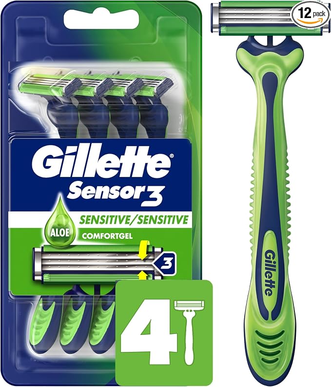 Gillette Sensor3 Sensitive Men's Disposable Razor, 4 Razors (Pack of 12)