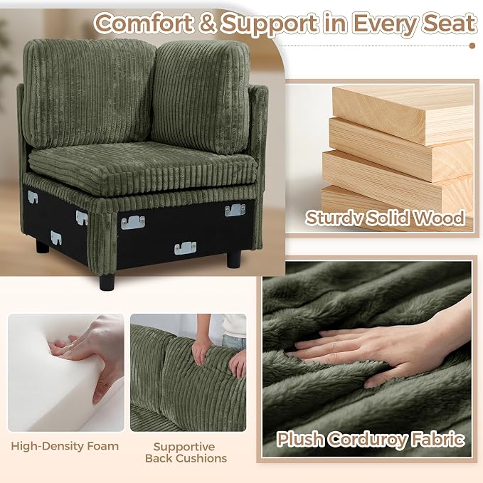 L Shaped Sectional Sleeper Sofa, Pull Out Couch with Storage, Green | Pull Out Bed, 5 Seat Modular Design, Soft Corduroy Fabric, USB Charging, Cup Holders, Removable Covers, Easy Assembly