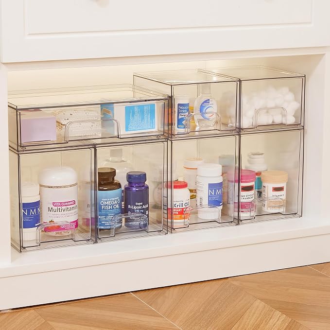 Vtopmart 7.6" H Clear Stackable Storage Drawers, 2 Pack Plastic Organizers Bins for Skincare, Cosmetics,Beauty Supplies,Ideal for Vanity, Bathroom,Kitchen Countertop,Cabinet Organization