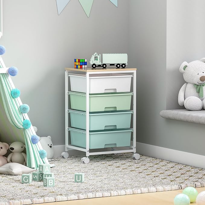 SYKIARIOL Utility Cart with 4 Drawers,Rolling Storage Cart with Drawers,Storage Rolling Drawer Cart with Wooden Tabletop for Bedroom,Kid's Room,Dorm,Classroom,Office,Green