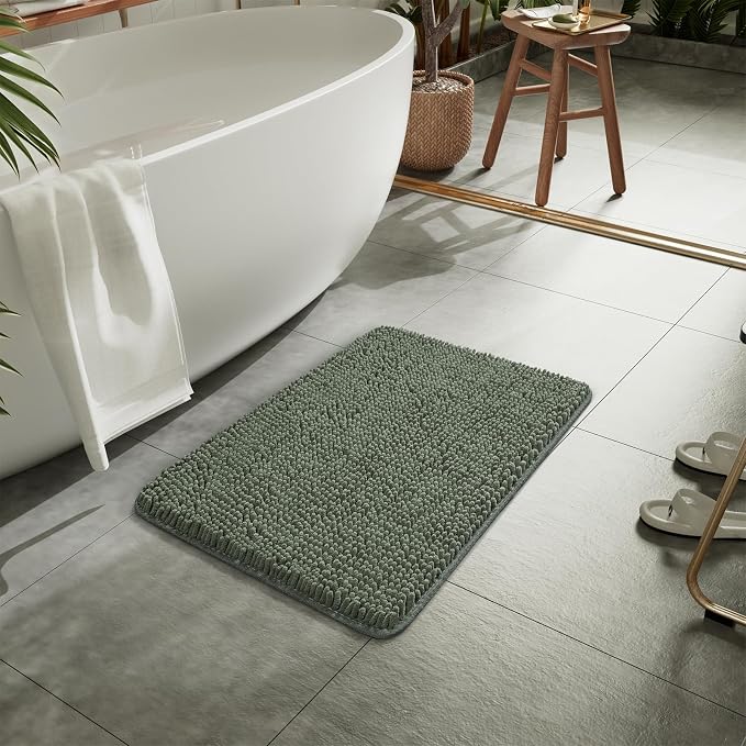 LOCHAS Luxury Bathroom Rug Shaggy Bath Mat 24 x 17 Inch, Sage Green | Washable Non Slip Bath Rugs for Bathroom Shower, Soft Plush Chenille Absorbent Carpets