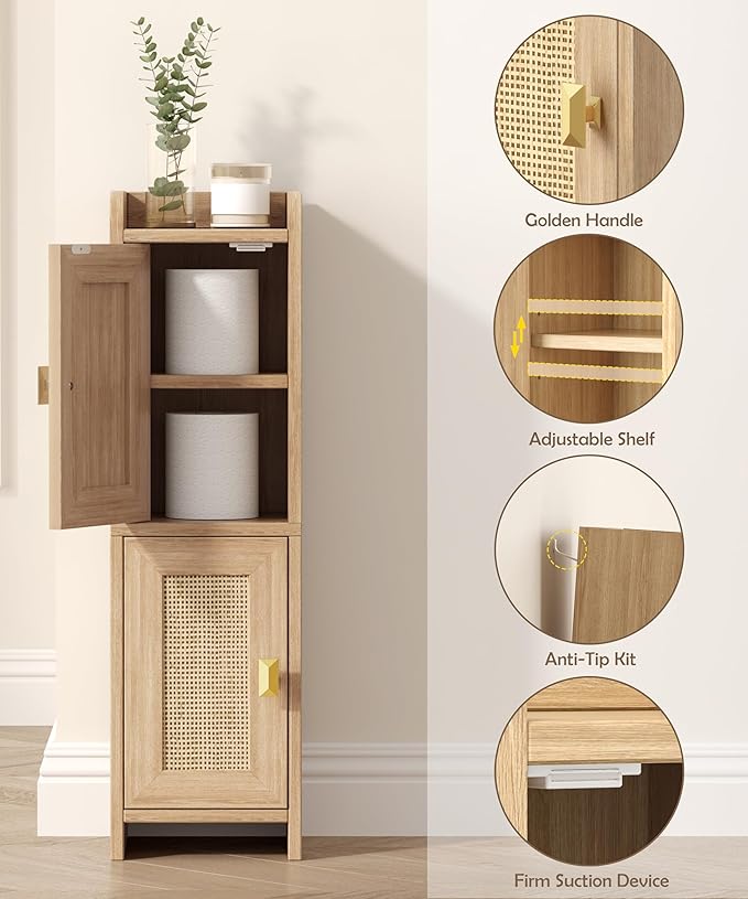 Akxomel Rattan Small Bathroom Cabinet Narrow Toilet Paper Organizer Oak | 7.9''D x 7.9''W Bathroom Organizer and Storage Cabinet for Small Space, Slim Corner Unit with Adjustable Shelf