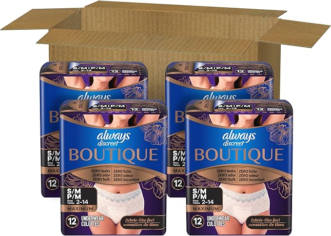 Always Discreet Boutique Incontinence and Postpartum Underwear for Women, Maximum Protection, Small/Medium, Rosy, 48 Count (4 Packs of 12)