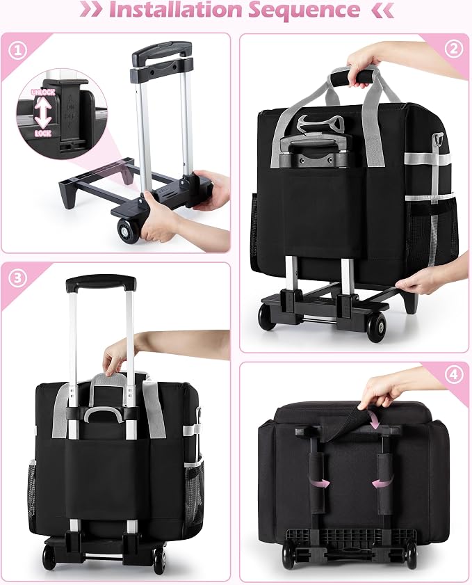 Marscamd Large Rolling Cleaning Caddy Bag with Detachable Trolley, Cleaning Supplies Organizer with Wheels for Housekeepers, Black