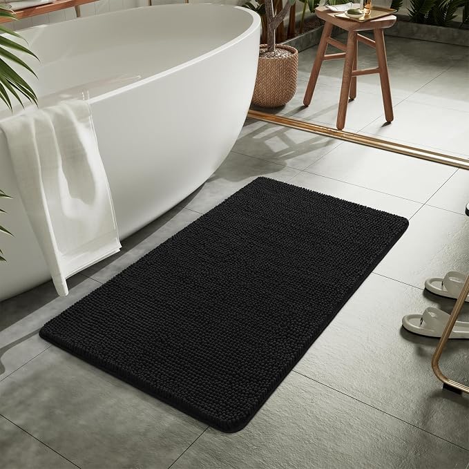 LOCHAS Luxury Bathroom Rug Shaggy Bath Mat 24 x 48 Inch, Black | Washable Non Slip Bath Rugs for Bathroom Shower, Soft Plush Chenille Absorbent Carpets