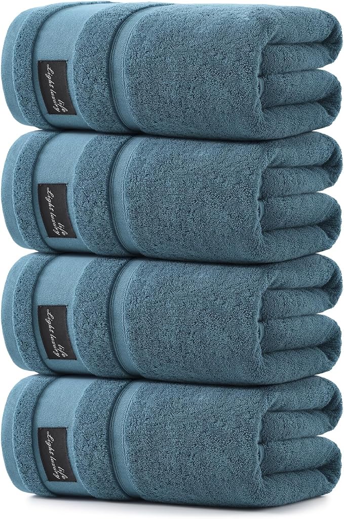 REDKISS 4 Pack Large Bath Towels, 100% Cotton, 31x63 in, Heavyweight 760G, Highly Absorbent & Quick Dry, Super Soft Luxury Towels for Bathroom,Hotel Collection - Blue