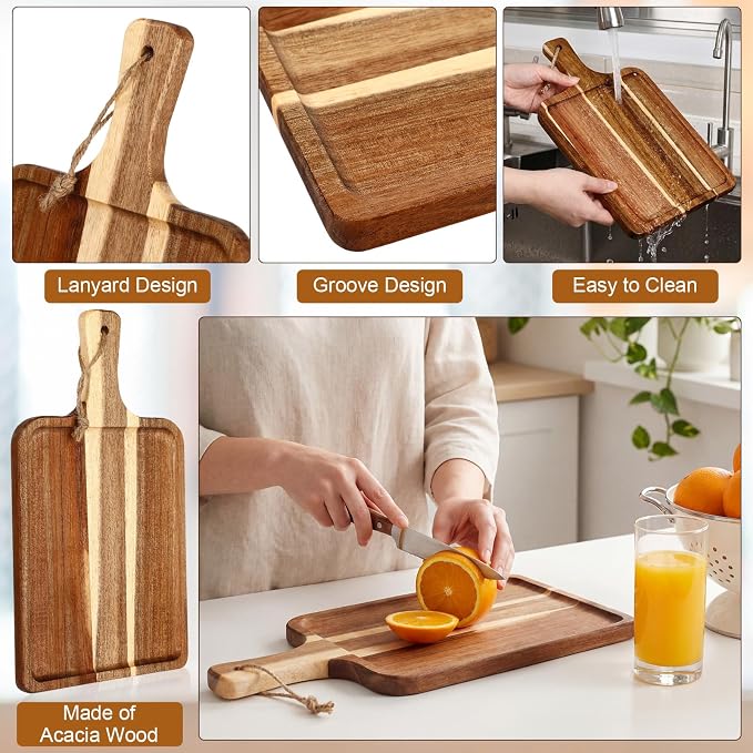 Geetery 16set Acacia Wood Charcuterie Board with Knife Wooden Serving Tray with Groove Acacia Wood Cutting Board with Card and Gift Box for Wedding Baby Shower Housewarming Gift (14 x 8 Inches)
