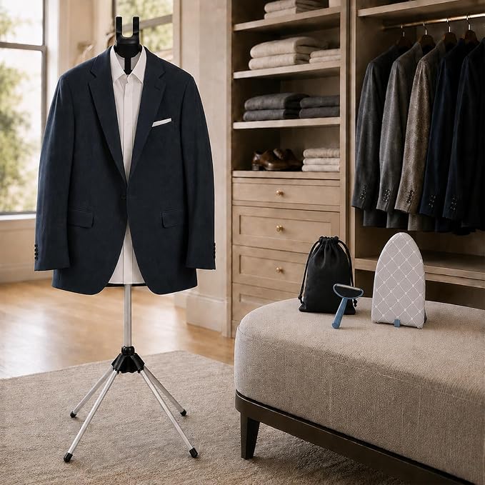 Garment Steamer Stand Set for Handheld Steamers, 33-63 Inch | Metal stand with 360 rotating hanger for shirts, suits and graduation gowns; includes 2 pads, 2 lint removers and 2 bags