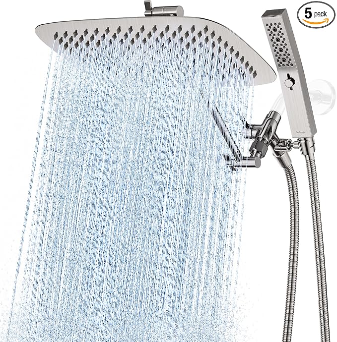 G-Promise All Metal 12 Inch Dual Square Shower Head with Handheld Spray Combo, Rain Shower Head, Adjustable Extension Arm, 3-Way Diverter, 71 Inch Extra Long Hose - A Bathroom Upgrade(Brushed Nickel)