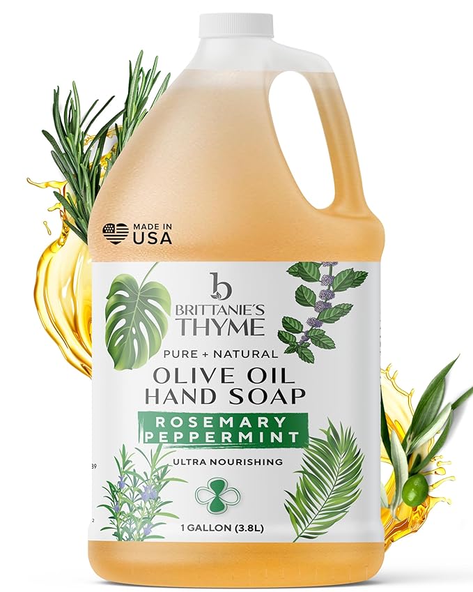 Brittanie's Pure Organic Castile Liquid Olive Oil Soap Refill, Rosemary Peppermint, 1 Gallon | Face, Body Wash, Dishes, Pets & Laundry | Vegan & Gluten Free Non-GMO
