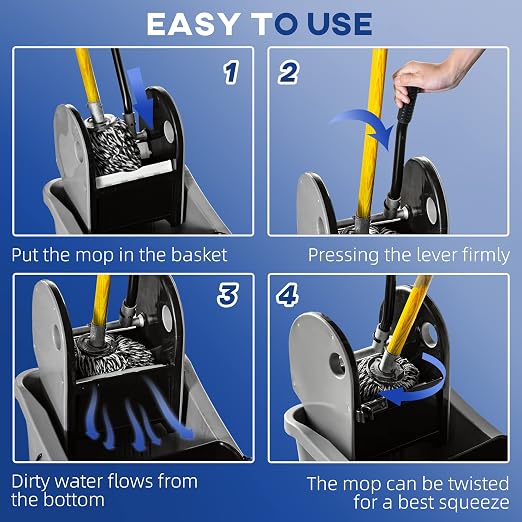 HOMCOM 9.5 Gallon (38 Quart) Mop Bucket with Wringer Cleaning Cart Grey | 4 Moving Wheels, 2 Separate Buckets, Mop-Handle Holder
