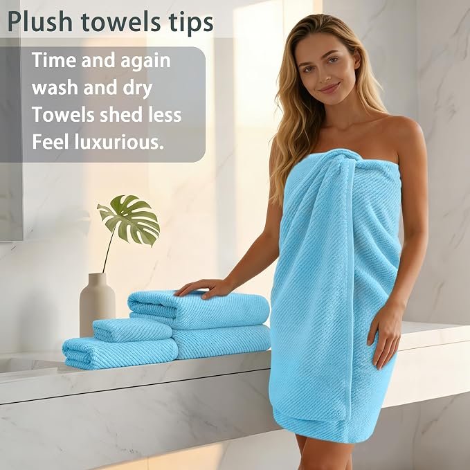 VOOVA & MOVAS Bath Towels 4PC, 100% Cotton, 30x56 in, Ocean Blue | Quick Dry, Thick, Soft, Absorbency, Bathroom Essentials, Suitable For Household Bathroom, Spa, Guest Room