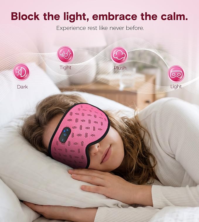 MUSICOZY Bluetooth Sleep Mask, Cooling Weighted Eye Mask with Bluetooth Headphones for Side Sleepers, 3D Contoured Relaxing No Pressure Eye Cover to Block Light for Night Sleeping(Grid Pink)