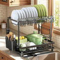 Dish Drying Rack, 2 Tier Space-Saving Dish Rack, Multifunctional Dish Drainer for Kitchen Counter with Drainboard/Utensil/Cup Holder Rustproof Carbon Steel, Black