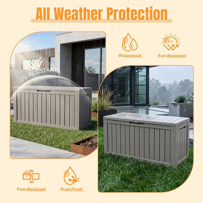 Outdoor Storage Box, 140 Gallon Waterproof Resin Deck Box with Support Rod | UV Resistant Lockable Package Delivery Bin, Shoe, Patio & Garden Tools Storage, Toy Cabinet, Ottoman, Indoor/Outdoor