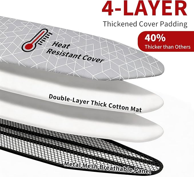 Ironing Board, 43"×13" with Iron Rest, 4 Layer & 7 Adjustable Height Sturdy | Iron Board with Bulit-in Hook and Hanger Bar, Heat Resistant Cover and Pad for Home Dorm Apartment Laundry Room, Gray