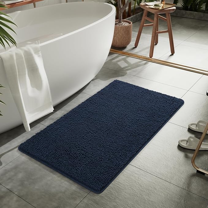 LOCHAS Luxury Bathroom Rug Shaggy Bath Mat 24 x 44 Inch, Navy | Washable Non Slip Bath Rugs for Bathroom Shower, Soft Plush Chenille Absorbent Carpets
